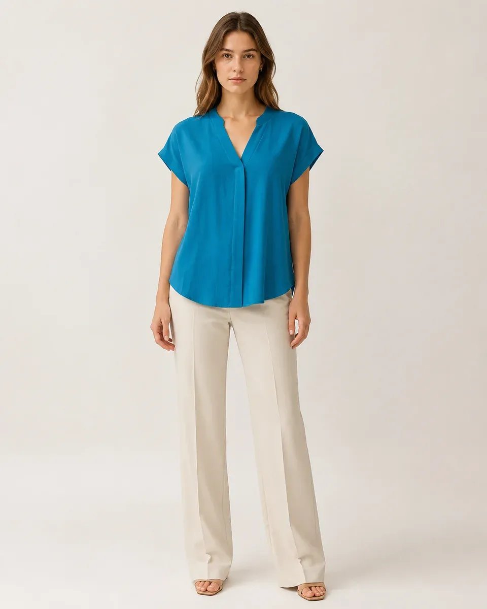 Blusa Azul Turquesa Cuello V Manga Corta Casual Para Mujer - Image 9