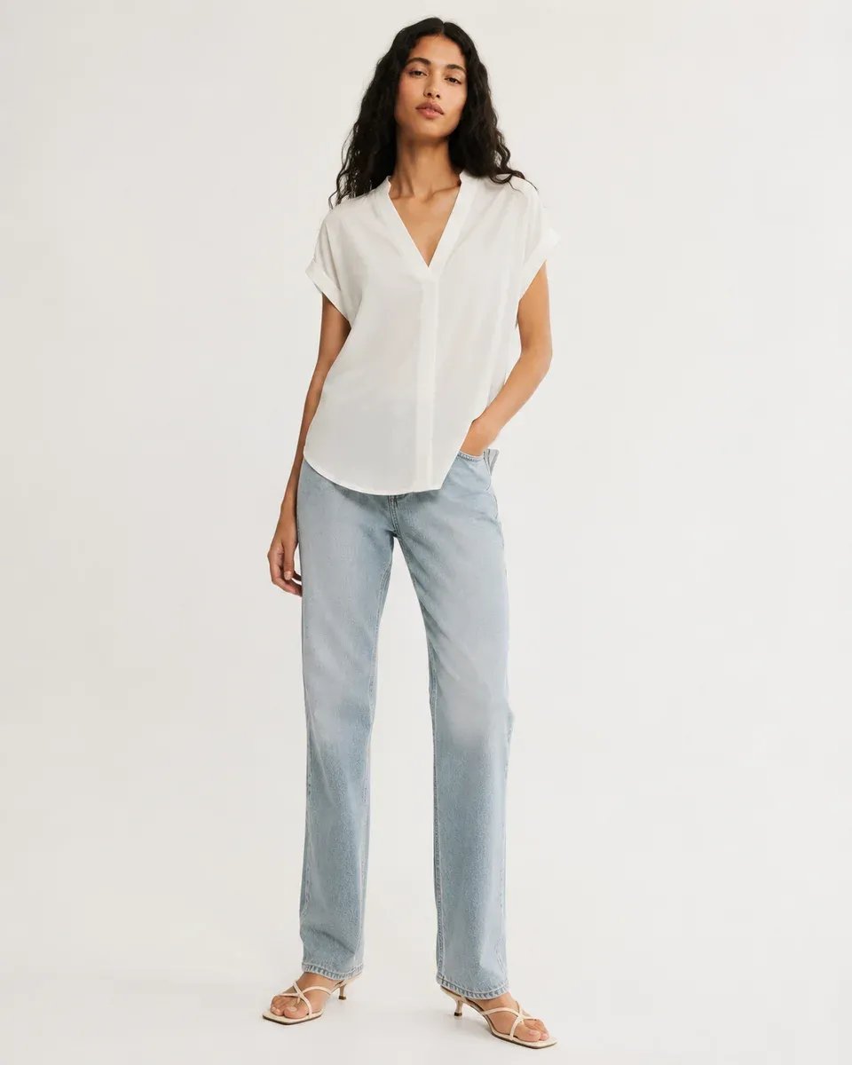 Blusa Azul Turquesa Cuello V Manga Corta Casual Para Mujer - Image 13