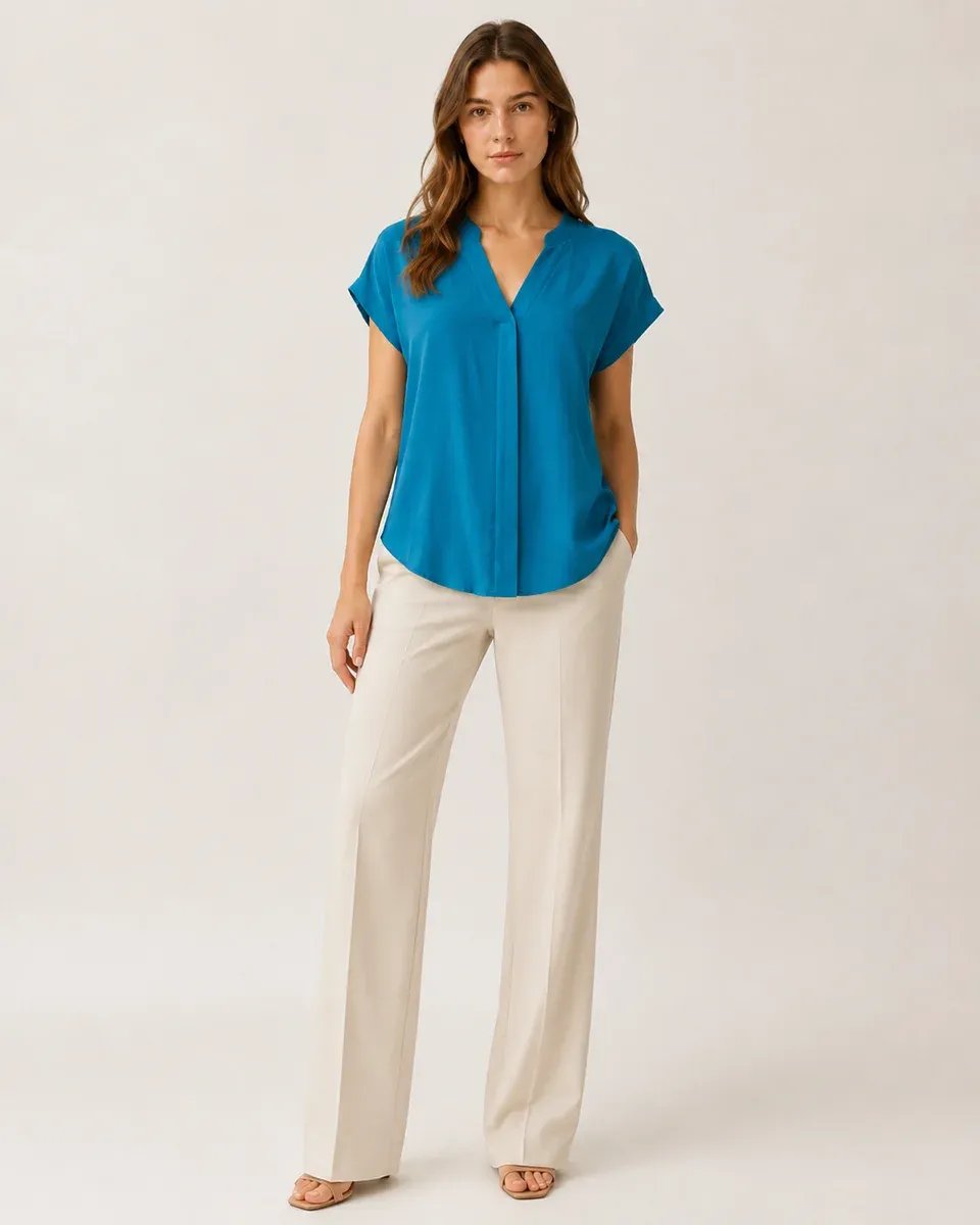 Blusa Azul Turquesa Cuello V Manga Corta Casual Para Mujer - Image 6