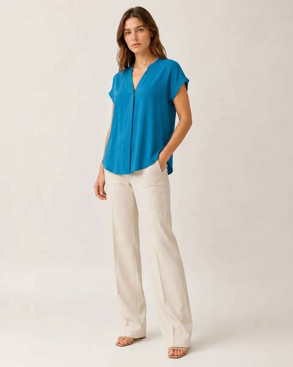 Blusa Azul Turquesa Cuello V Manga Corta Casual Para Mujer - Image 7