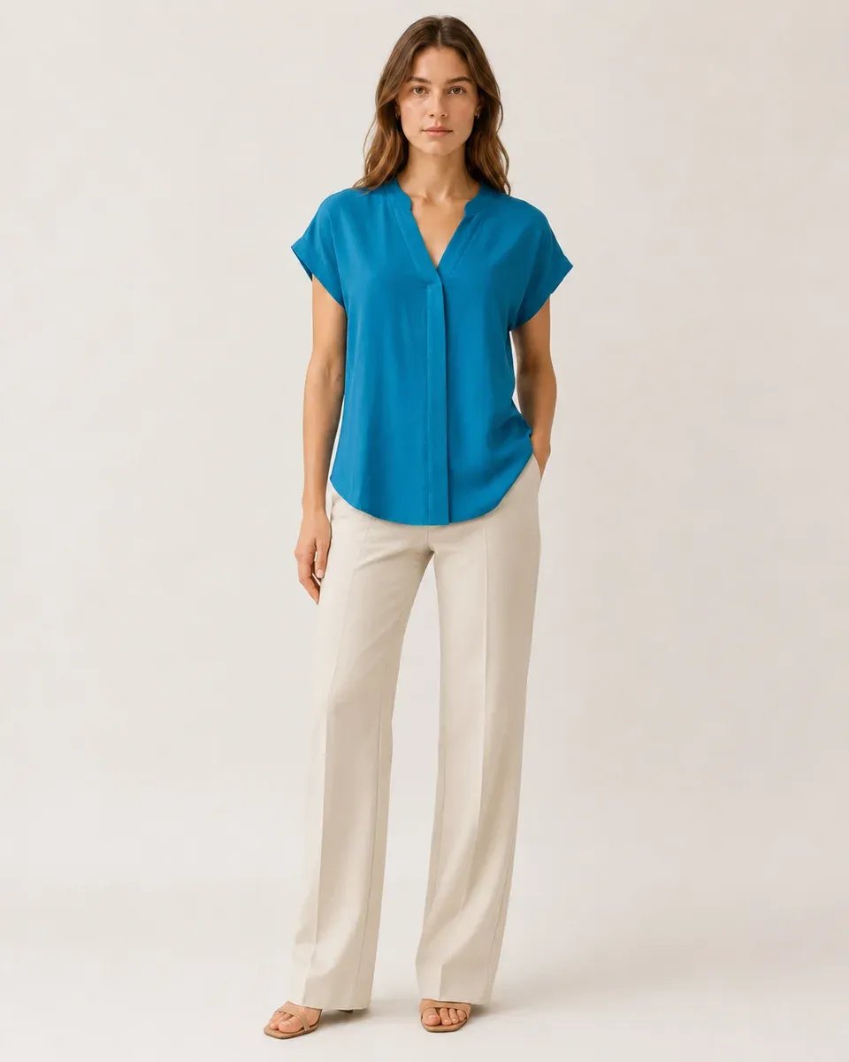 Blusa Azul Turquesa Cuello V Manga Corta Casual Para Mujer - Image 3