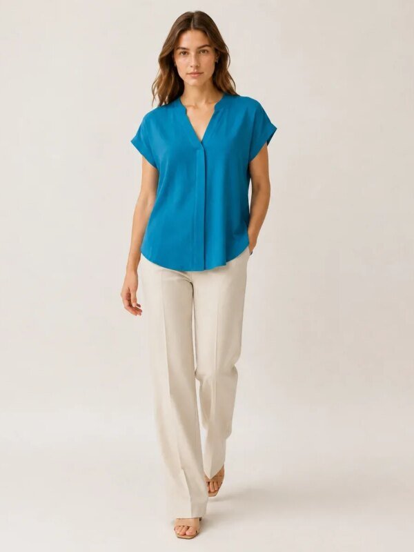Blusa Azul Turquesa Cuello V Manga Corta Casual Para Mujer