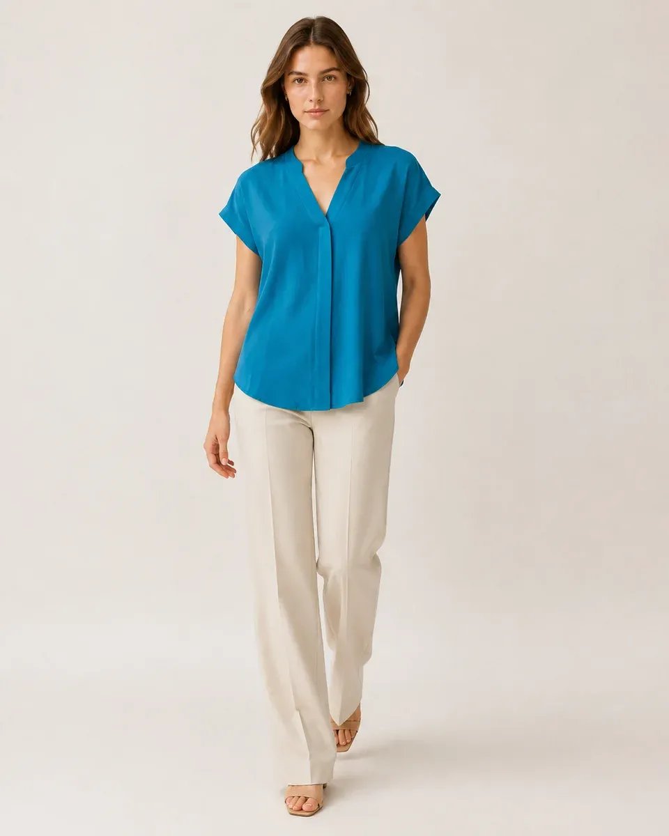 Blusa Azul Turquesa Cuello V Manga Corta Casual Para Mujer - Image 2