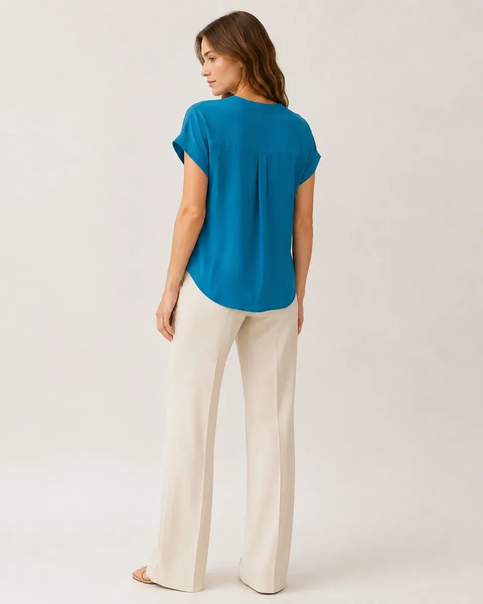 Blusa Azul Turquesa Cuello V Manga Corta Casual Para Mujer - Image 5