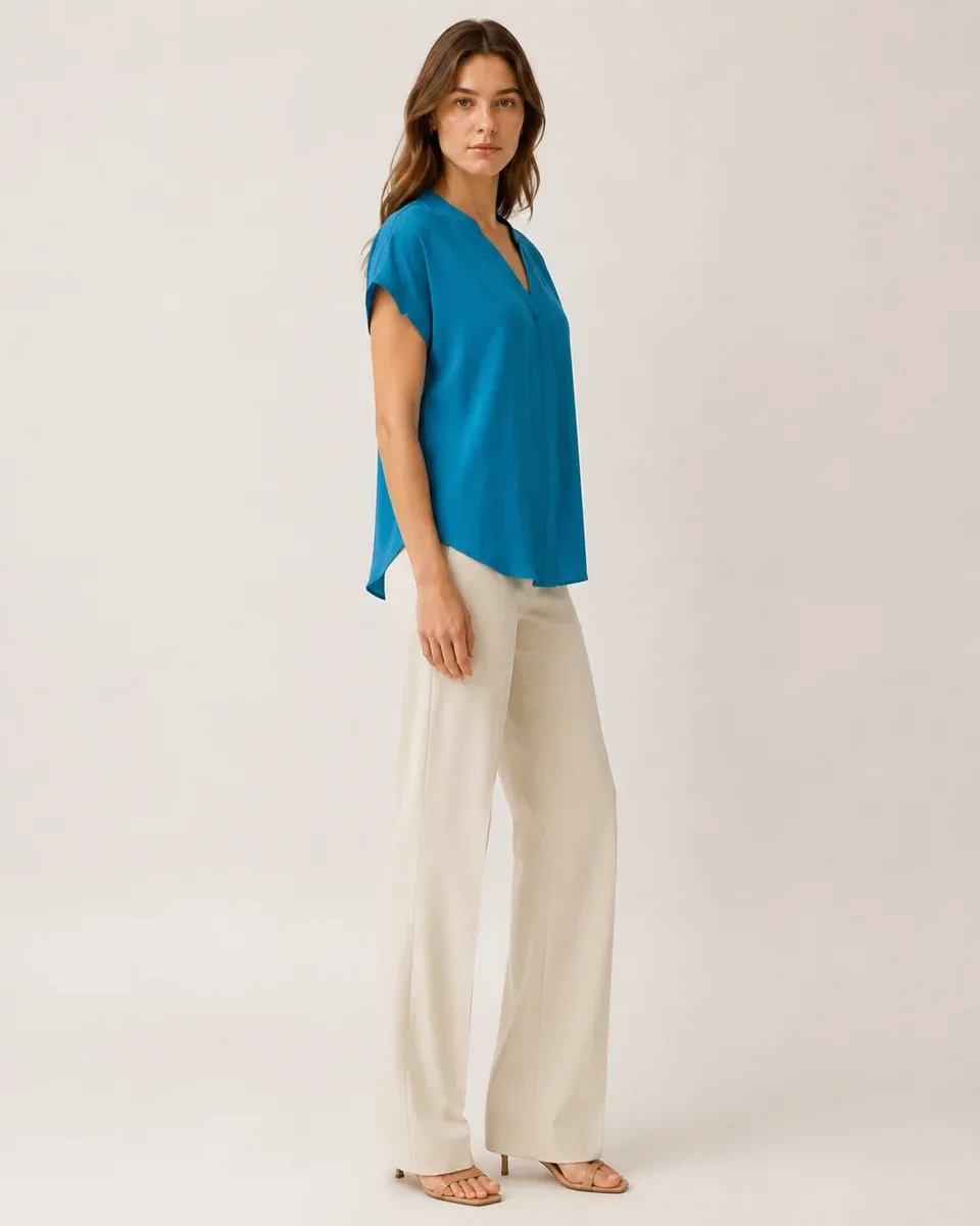 Blusa Azul Turquesa Cuello V Manga Corta Casual Para Mujer - Image 8