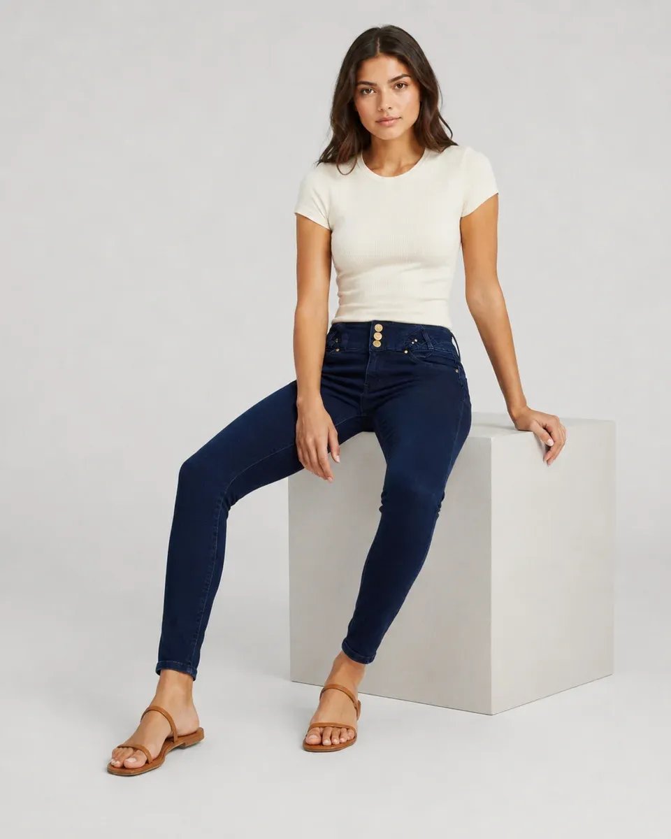 Jeans Skinny Tiro Alto Azul Oscuro Para Mujer Con Botones Dorados - Image 2