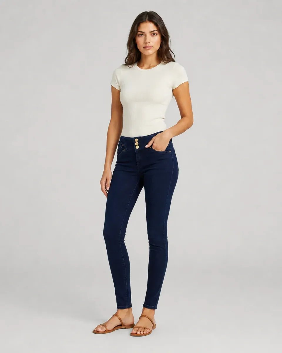 Jeans Skinny Tiro Alto Azul Oscuro Para Mujer Con Botones Dorados - Image 3