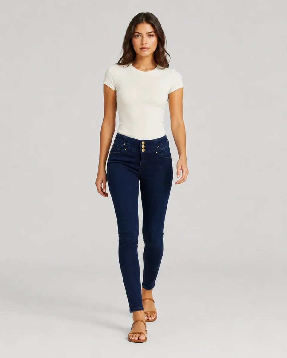 Jeans Skinny Tiro Alto Azul Oscuro Para Mujer Con Botones Dorados - Image 5