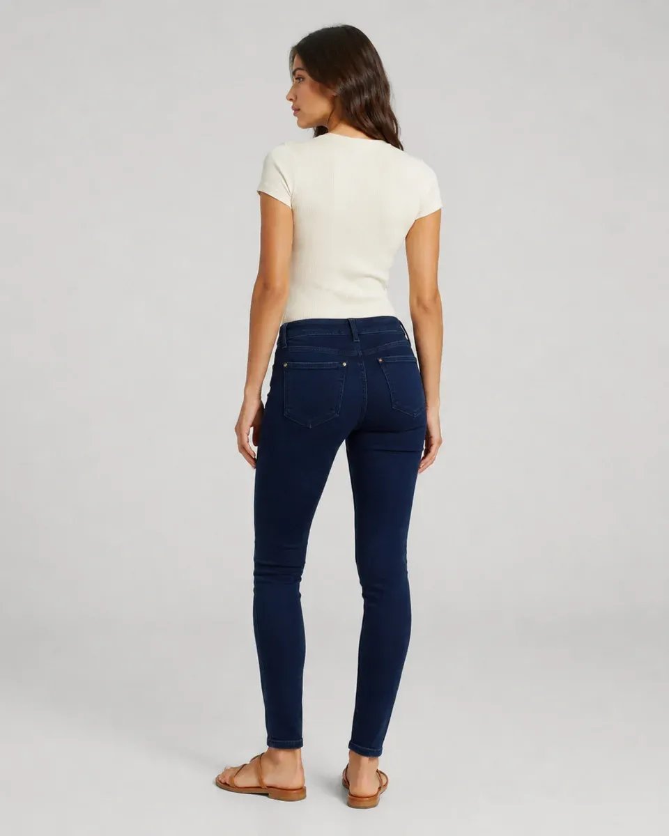 Jeans Skinny Tiro Alto Azul Oscuro Para Mujer Con Botones Dorados - Image 6