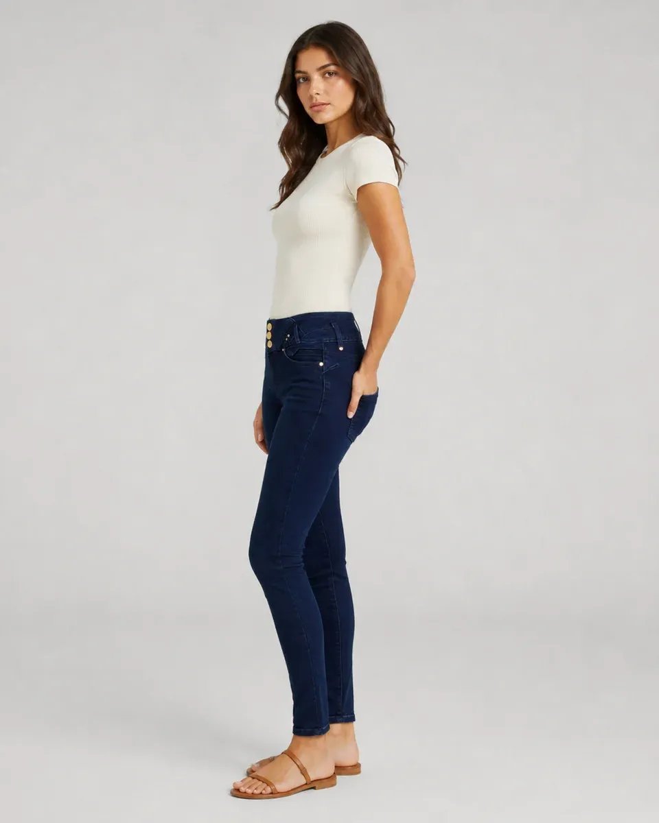 Jeans Skinny Tiro Alto Azul Oscuro Para Mujer Con Botones Dorados - Image 7