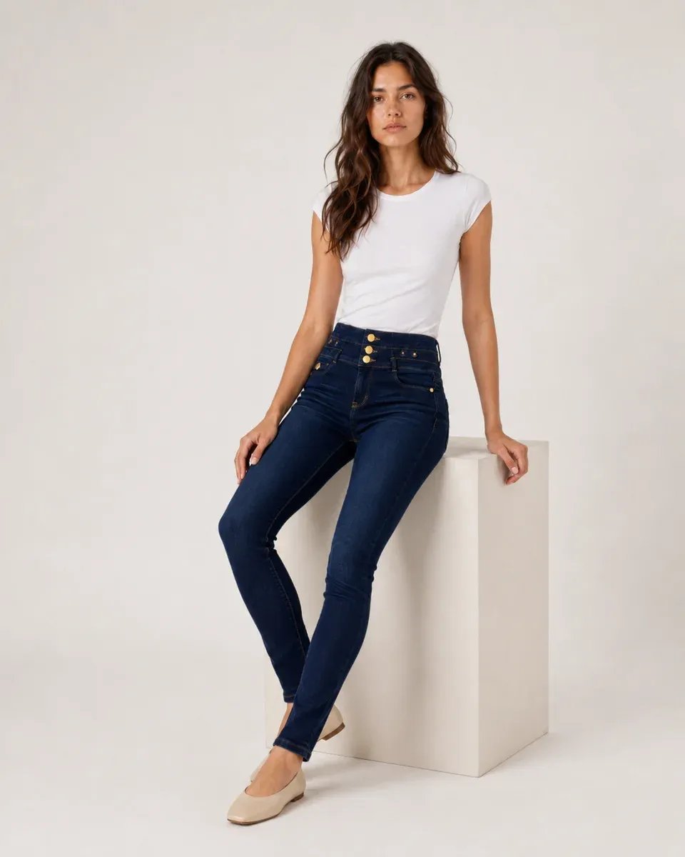 Jeans Skinny Tiro Alto Azul Oscuro Con Botones Para Mujer - Image 3