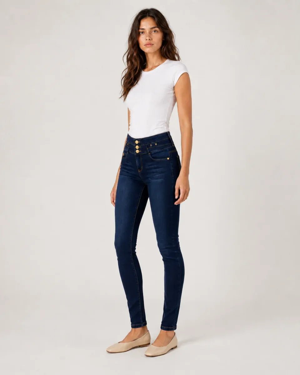 Jeans Skinny Tiro Alto Azul Oscuro Con Botones Para Mujer - Image 4