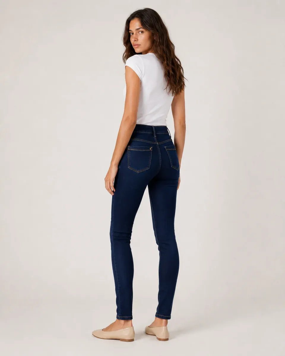 Jeans Skinny Tiro Alto Azul Oscuro Con Botones Para Mujer - Image 5