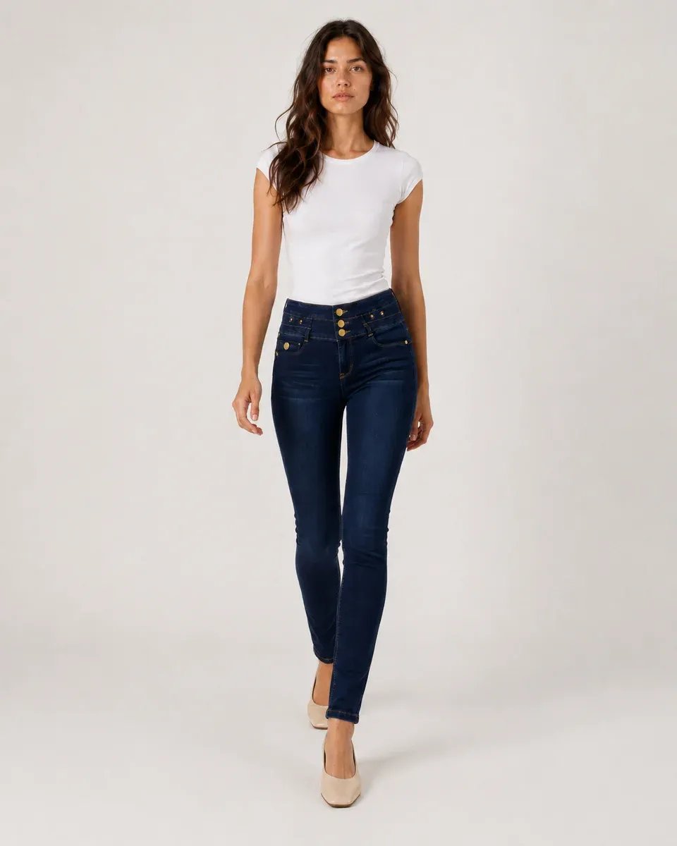 Jeans Skinny Tiro Alto Azul Oscuro Con Botones Para Mujer - Image 6