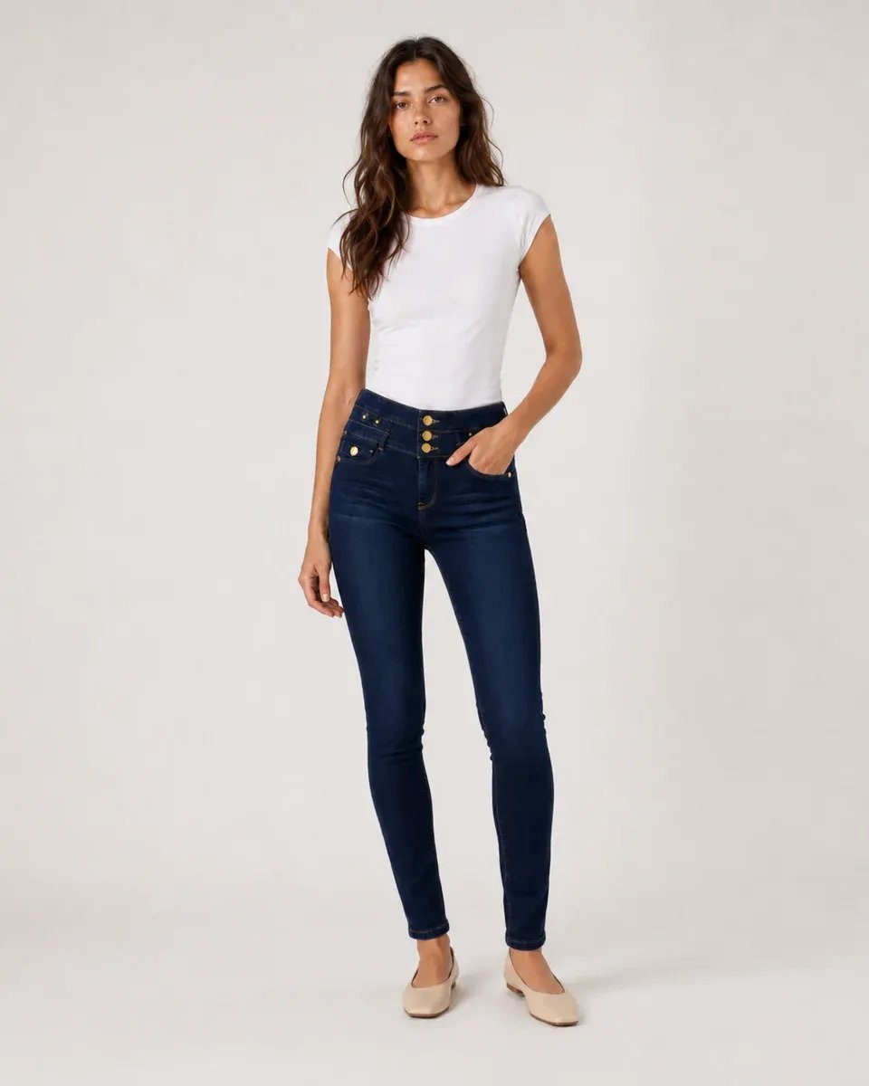 Jeans Skinny Tiro Alto Azul Oscuro Con Botones Para Mujer - Image 7