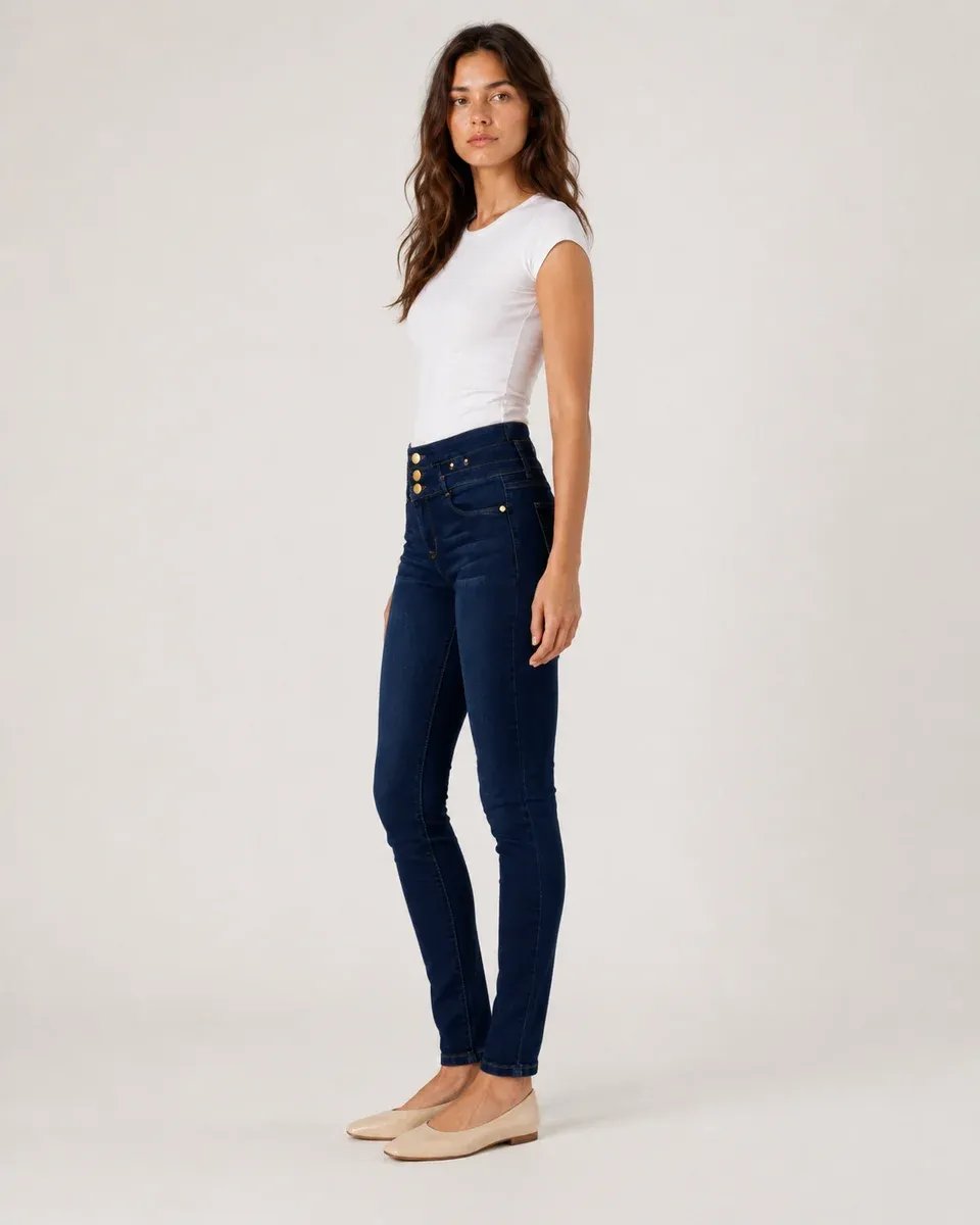 Jeans Skinny Tiro Alto Azul Oscuro Con Botones Para Mujer - Image 8