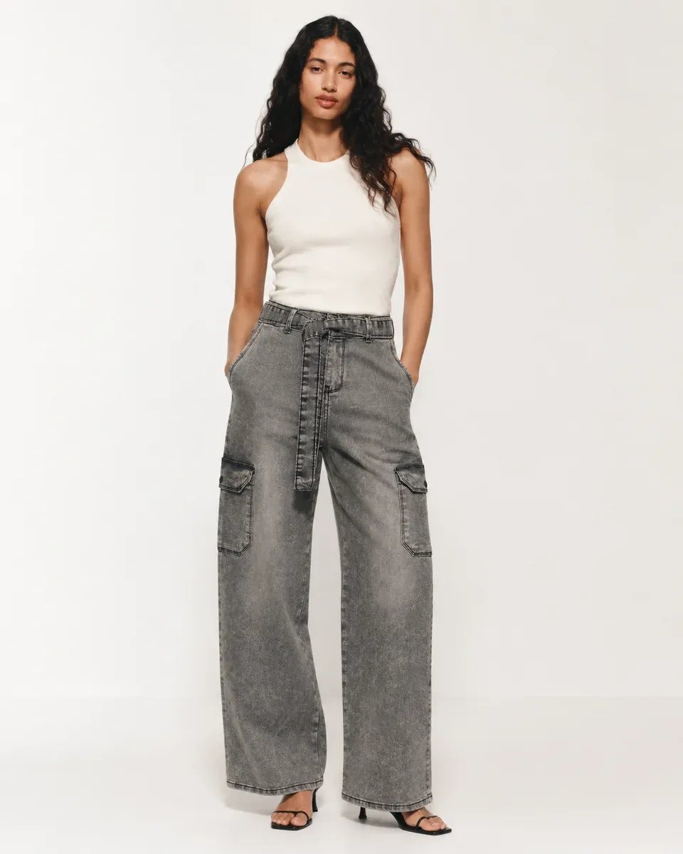 Pantalon Cargo Wide Leg de Mezclilla Gris Acido para Mujer - Image 2