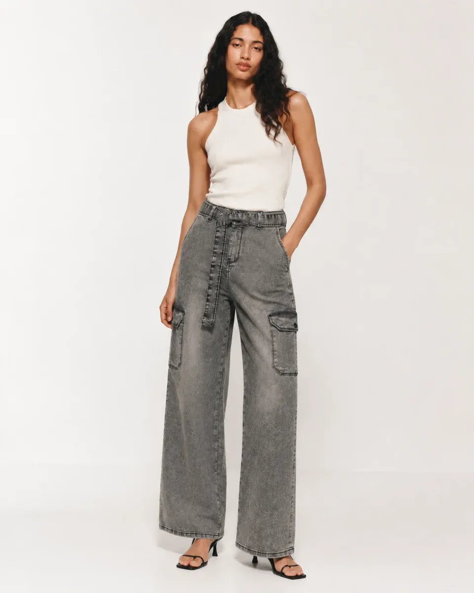 Pantalon Cargo Wide Leg de Mezclilla Gris Acido para Mujer - Image 3