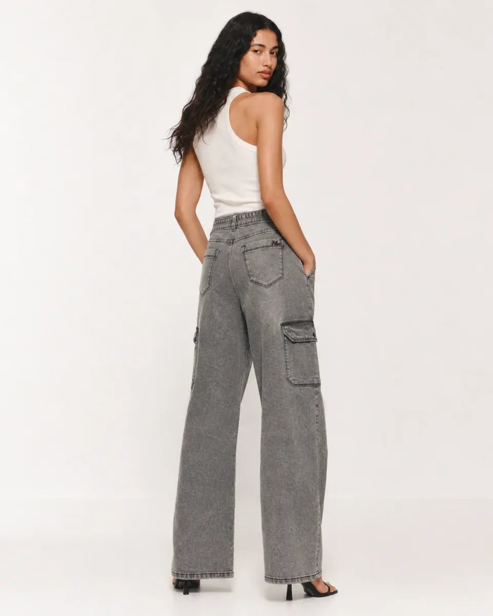 Pantalon Cargo Wide Leg de Mezclilla Gris Acido para Mujer - Image 4