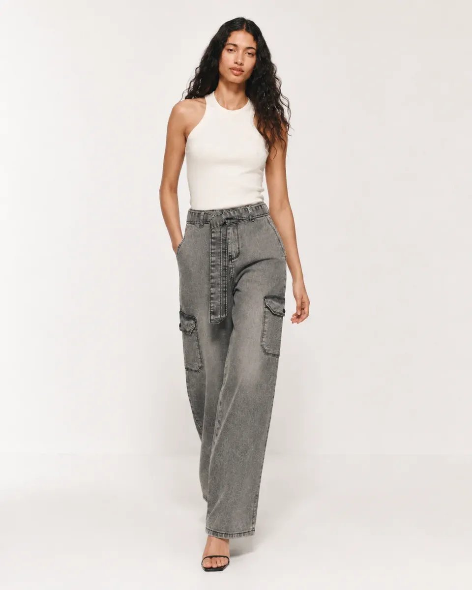 Pantalon Cargo Wide Leg de Mezclilla Gris Acido para Mujer - Image 5