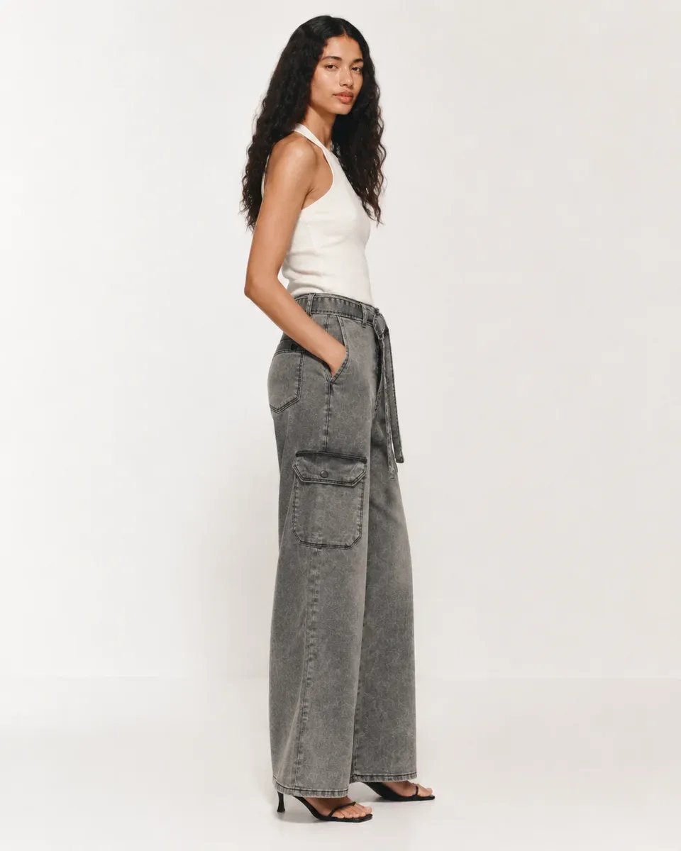 Pantalon Cargo Wide Leg de Mezclilla Gris Acido para Mujer - Image 6