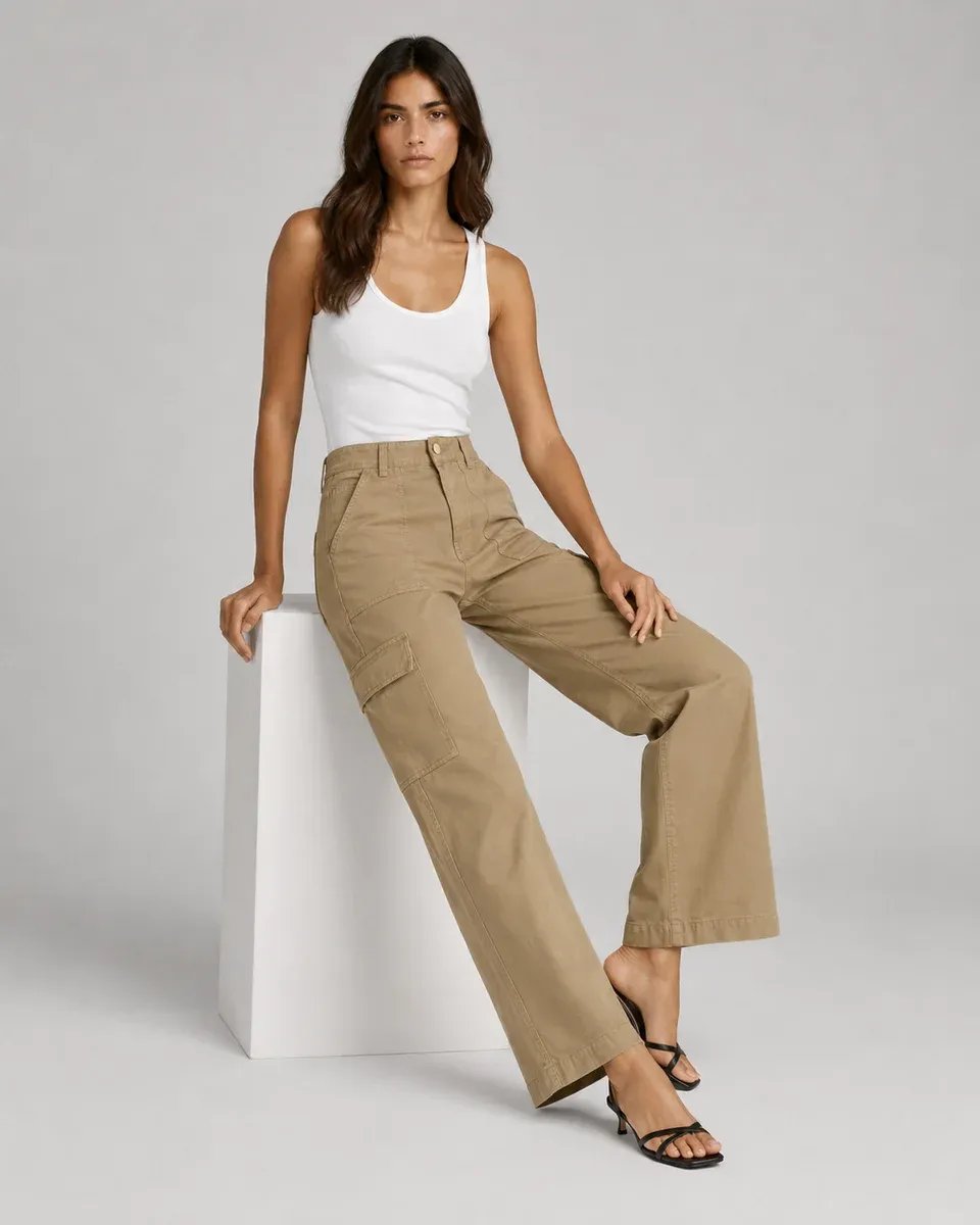 Pantalon Cargo Wide Leg Verde Militar Para Mujer Estilo Casual - Image 3