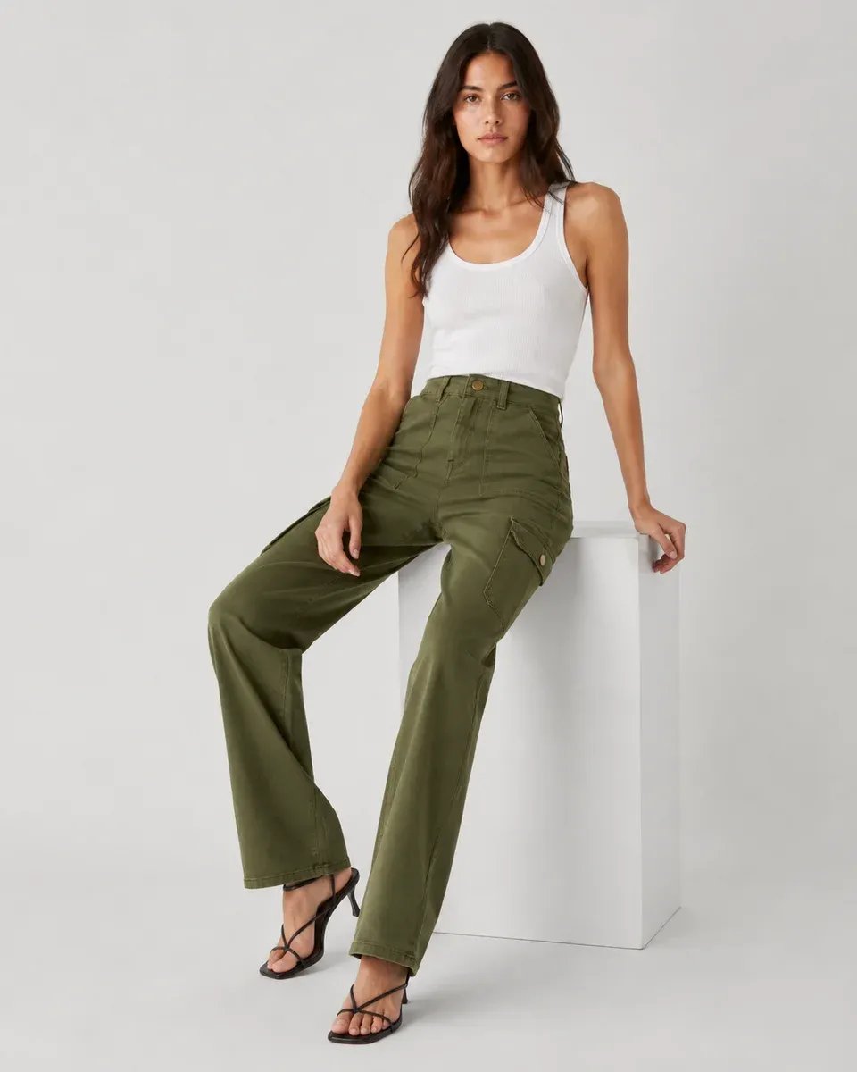 Pantalon Cargo Wide Leg Verde Militar Para Mujer Estilo Casual - Image 9