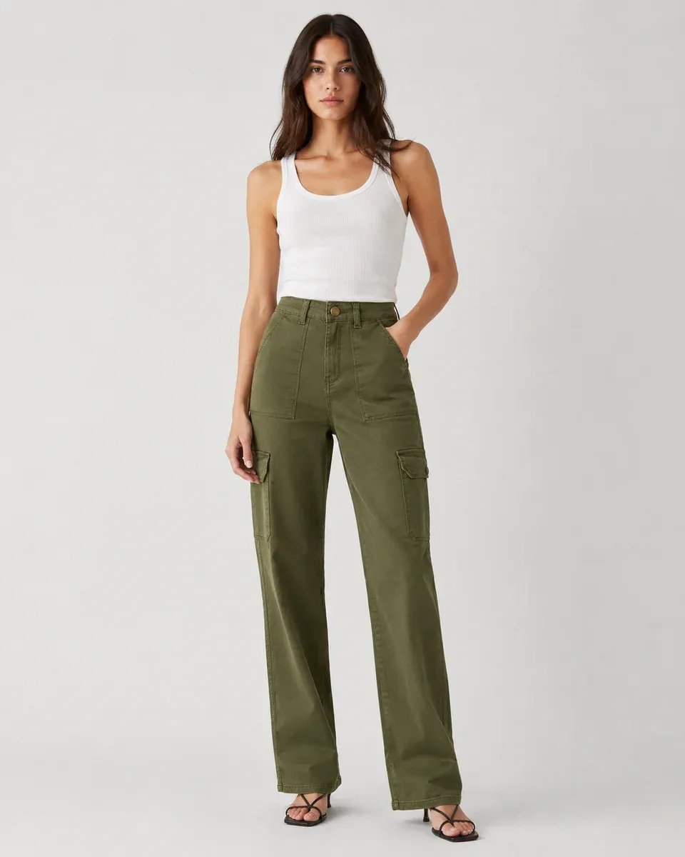 Pantalon Cargo Wide Leg Verde Militar Para Mujer Estilo Casual - Image 10
