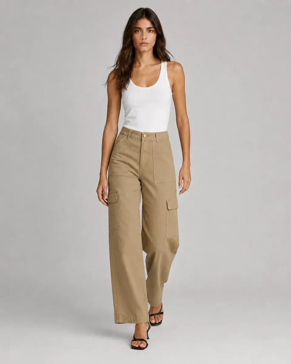 Pantalon Cargo Wide Leg Verde Militar Para Mujer Estilo Casual - Image 4