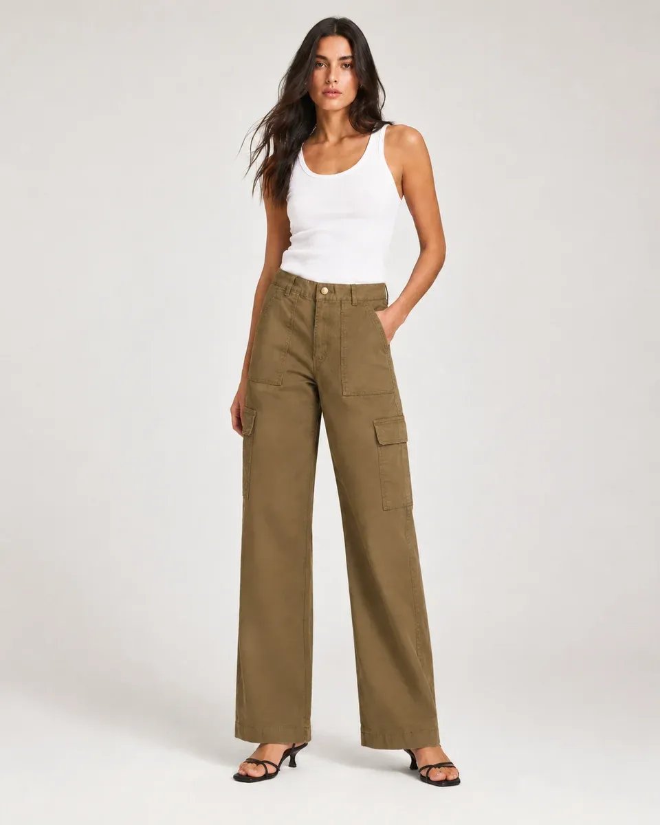 Pantalon Cargo Wide Leg Verde Militar Para Mujer Estilo Casual - Image 17