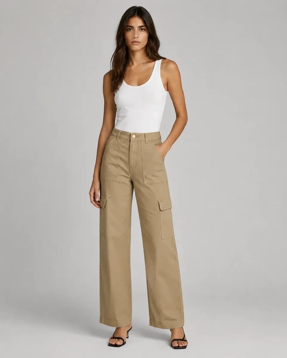 Pantalon Cargo Wide Leg Verde Militar Para Mujer Estilo Casual - Image 2