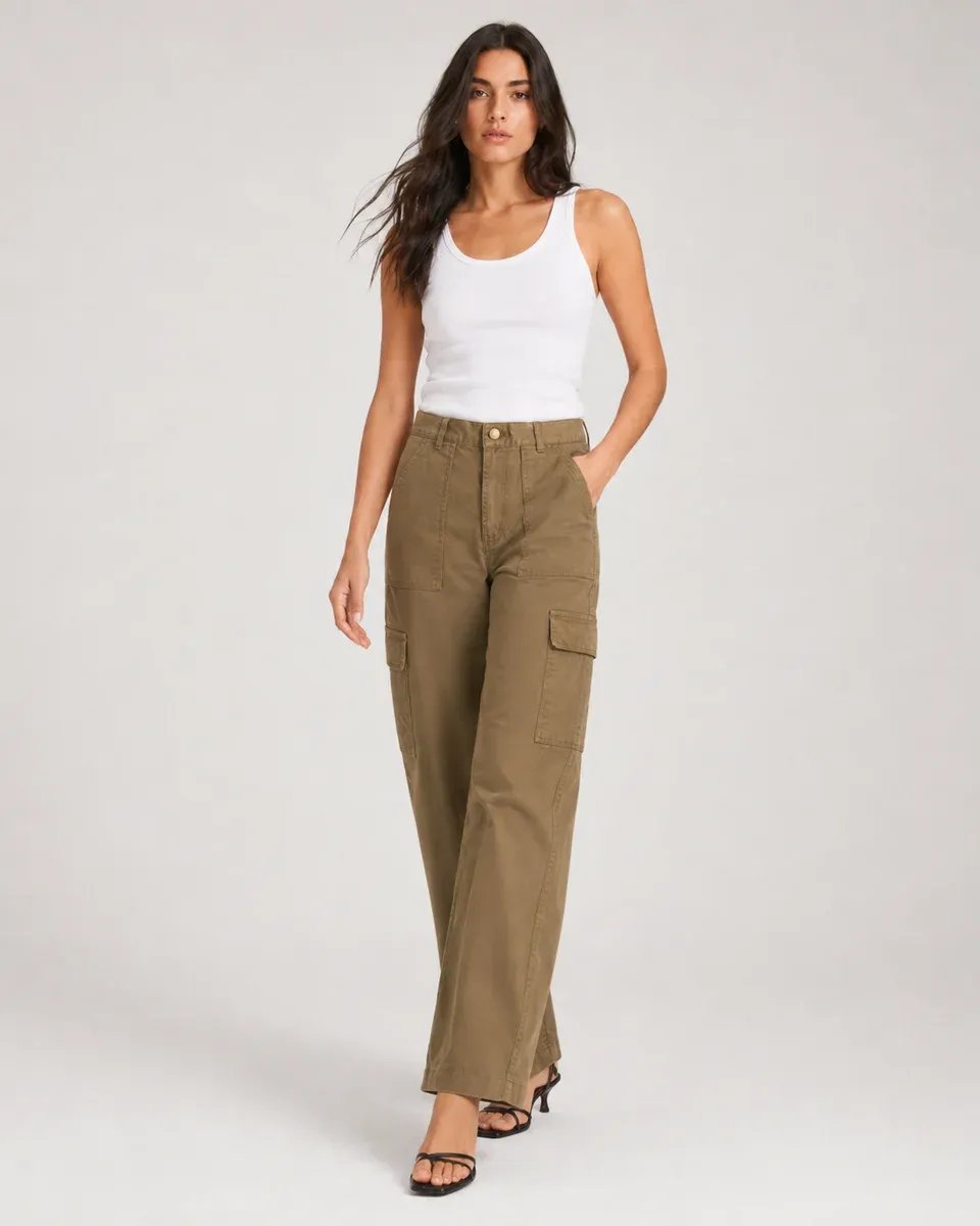 Pantalon Cargo Wide Leg Verde Militar Para Mujer Estilo Casual - Image 20