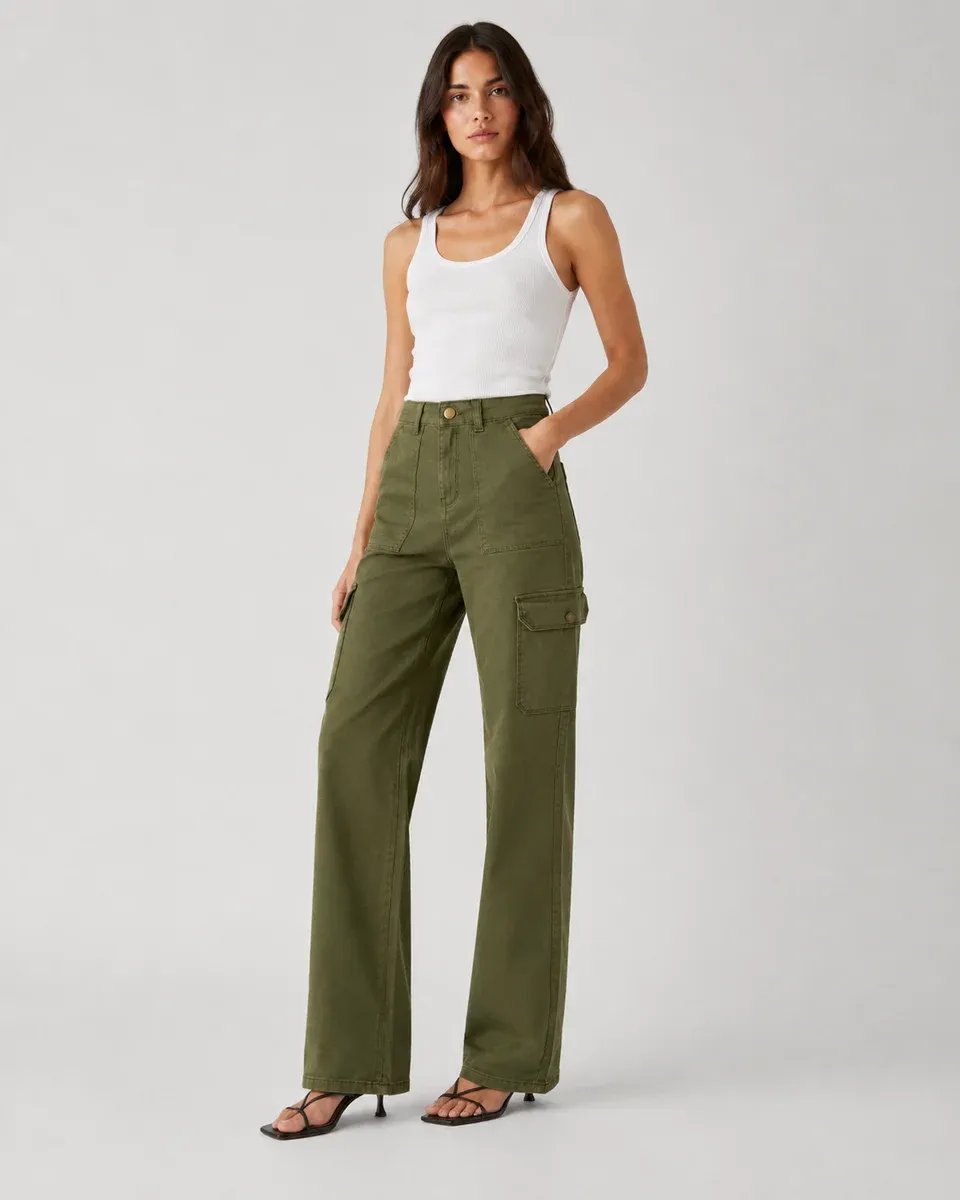 Pantalon Cargo Wide Leg Verde Militar Para Mujer Estilo Casual - Image 11