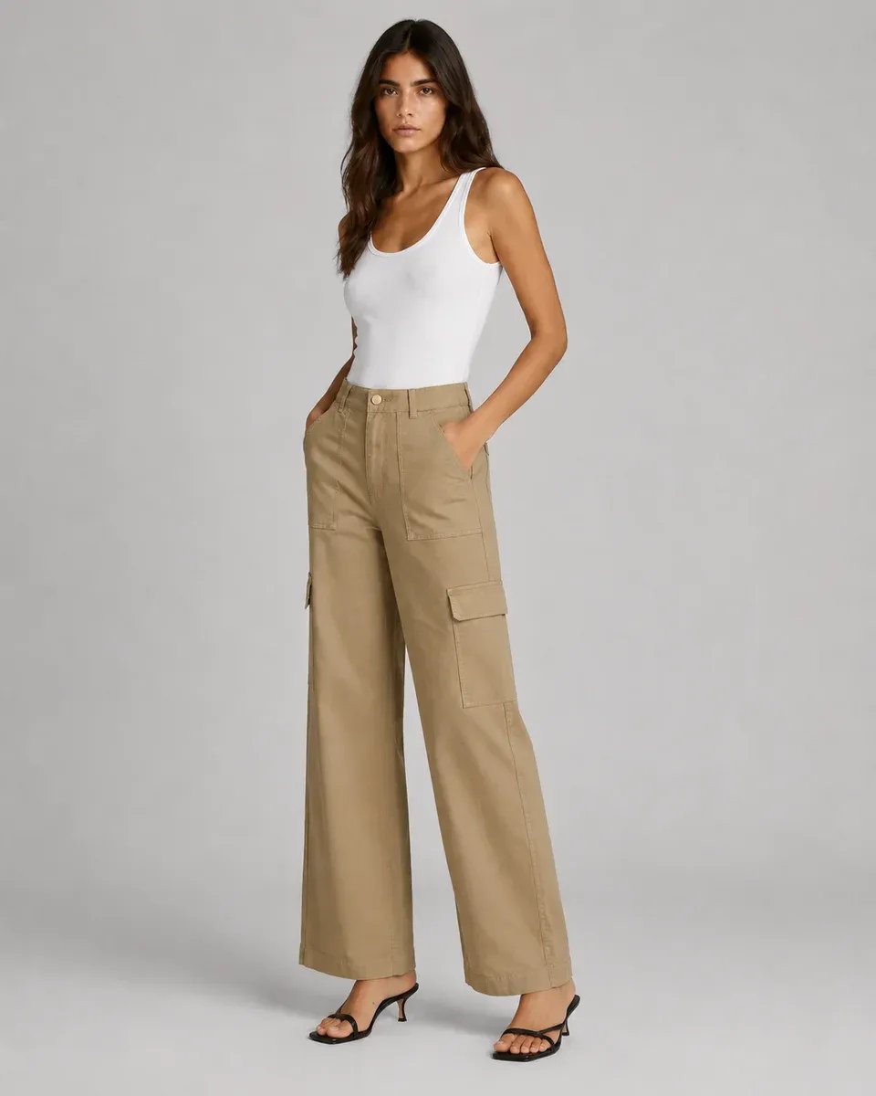 Pantalon Cargo Wide Leg Verde Militar Para Mujer Estilo Casual - Image 5