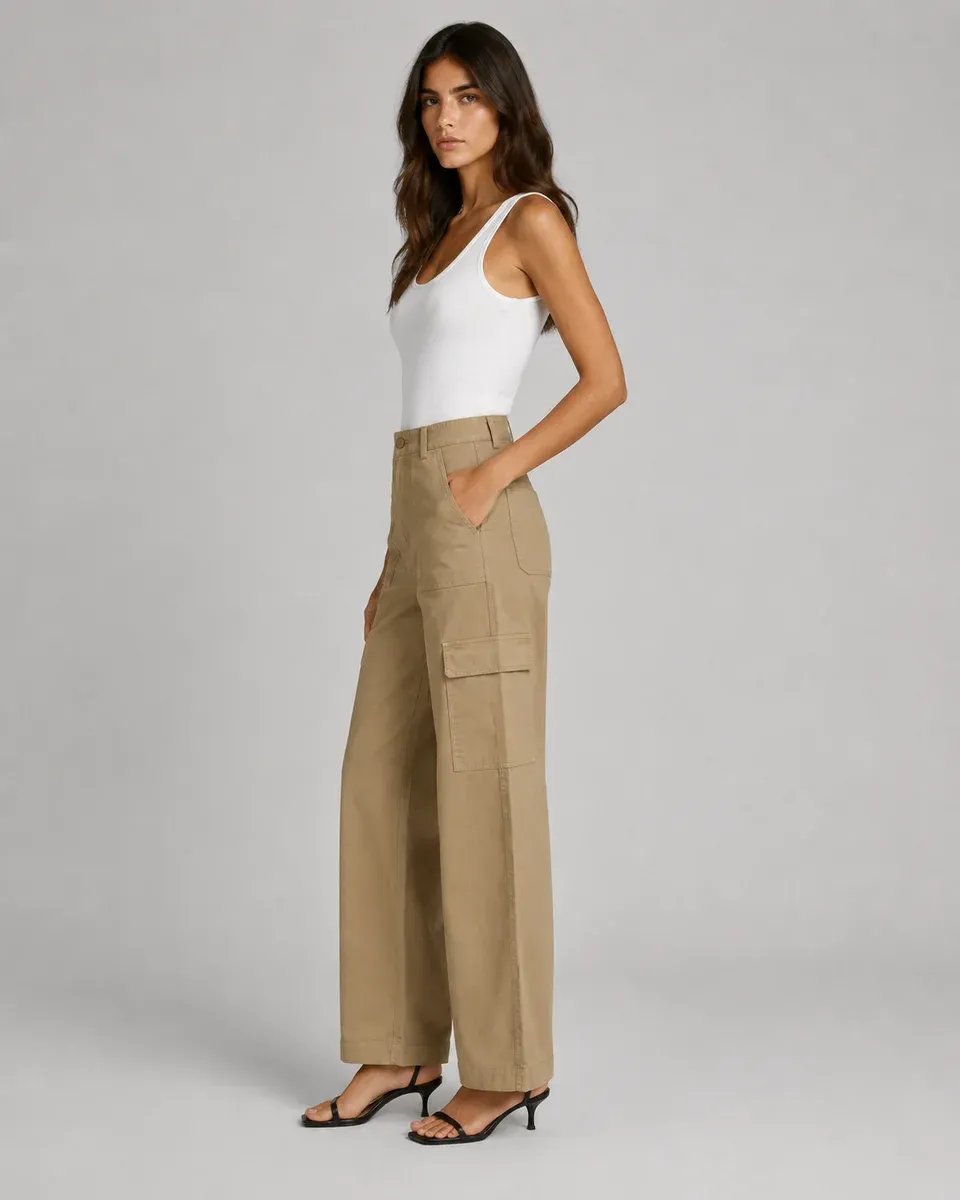 Pantalon Cargo Wide Leg Verde Militar Para Mujer Estilo Casual - Image 6