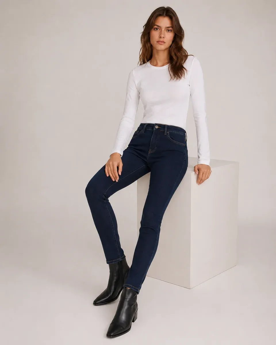 Jeans Skinny Tiro Alto Azul Oscuro Mezclilla para Mujer - Image 2