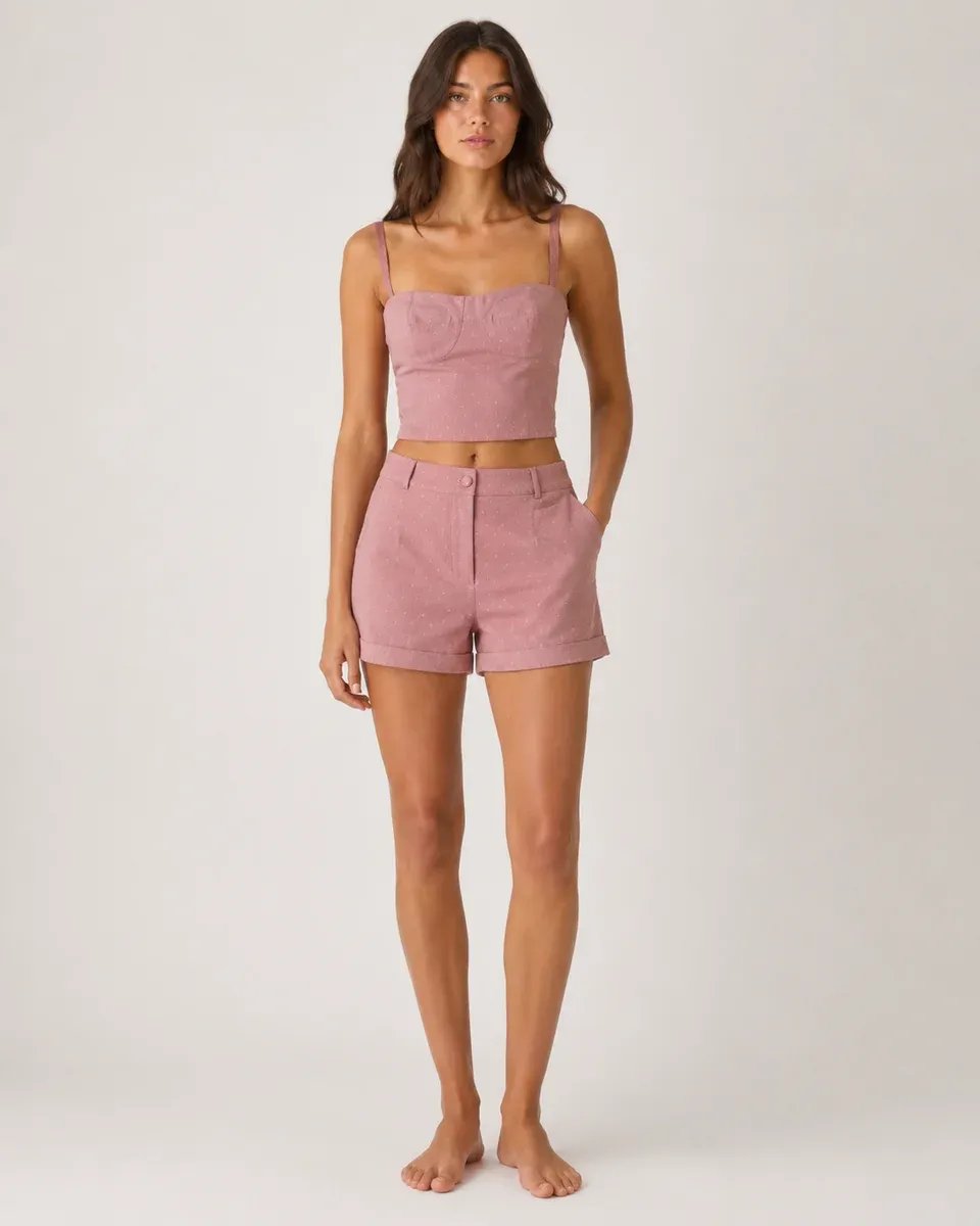 Conjunto Dos Piezas Top Bustier Y Short Tiro Alto Rosa Para Mujer - Image 3