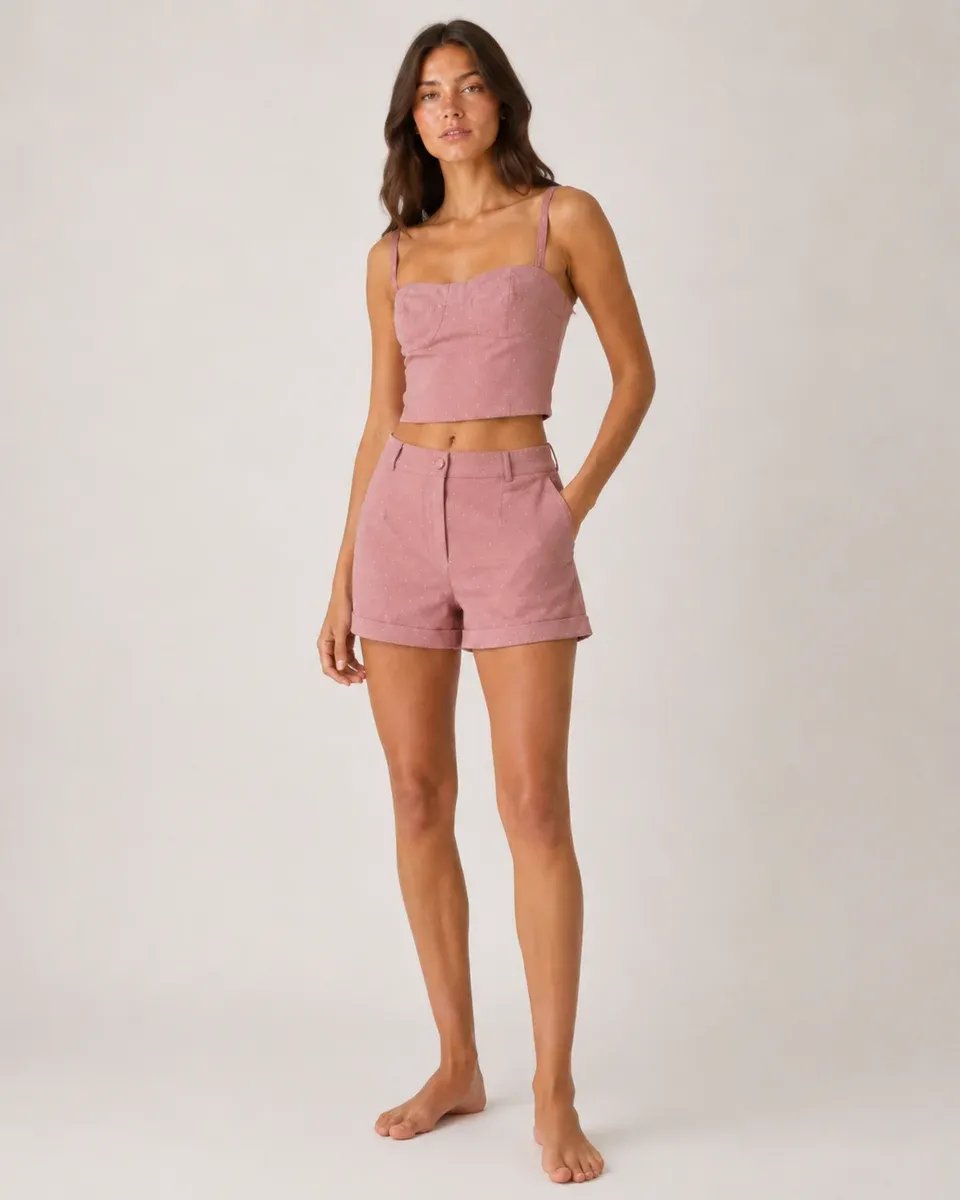Conjunto Dos Piezas Top Bustier Y Short Tiro Alto Rosa Para Mujer - Image 2