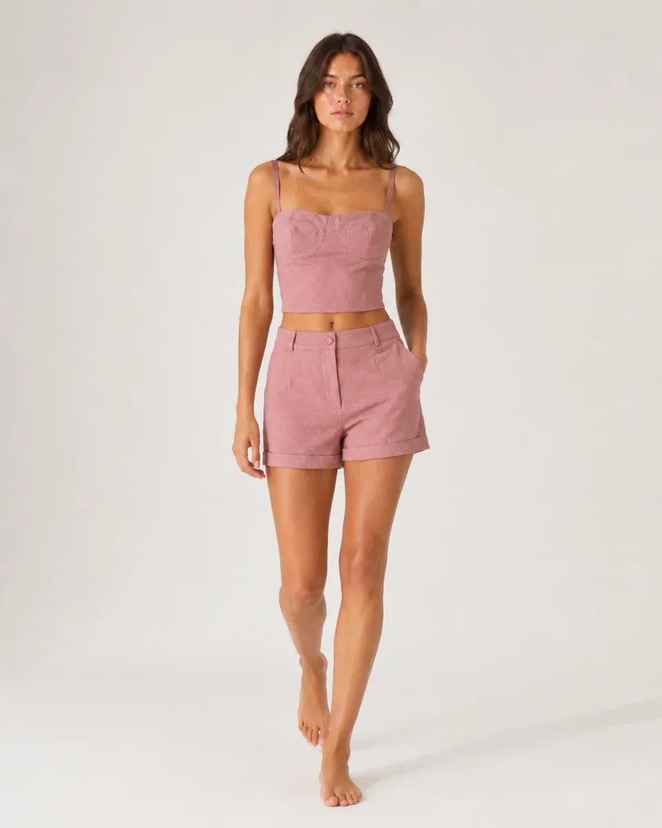 Conjunto Dos Piezas Top Bustier Y Short Tiro Alto Rosa Para Mujer - Image 5