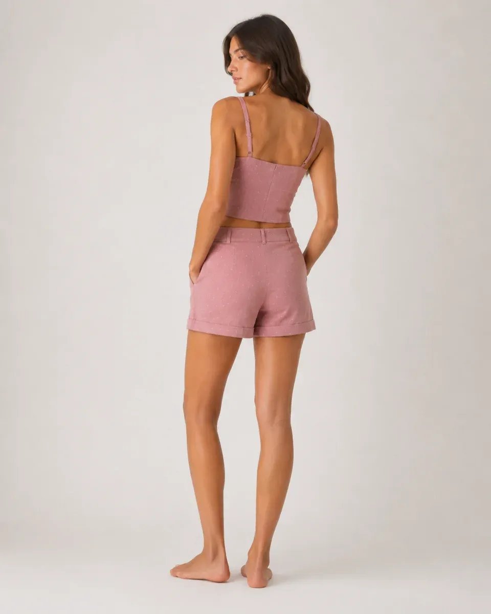 Conjunto Dos Piezas Top Bustier Y Short Tiro Alto Rosa Para Mujer - Image 7