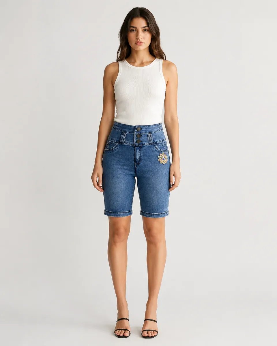 Bermuda de Mezclilla Tiro Alto con Bordado Floral para Mujer - Image 4