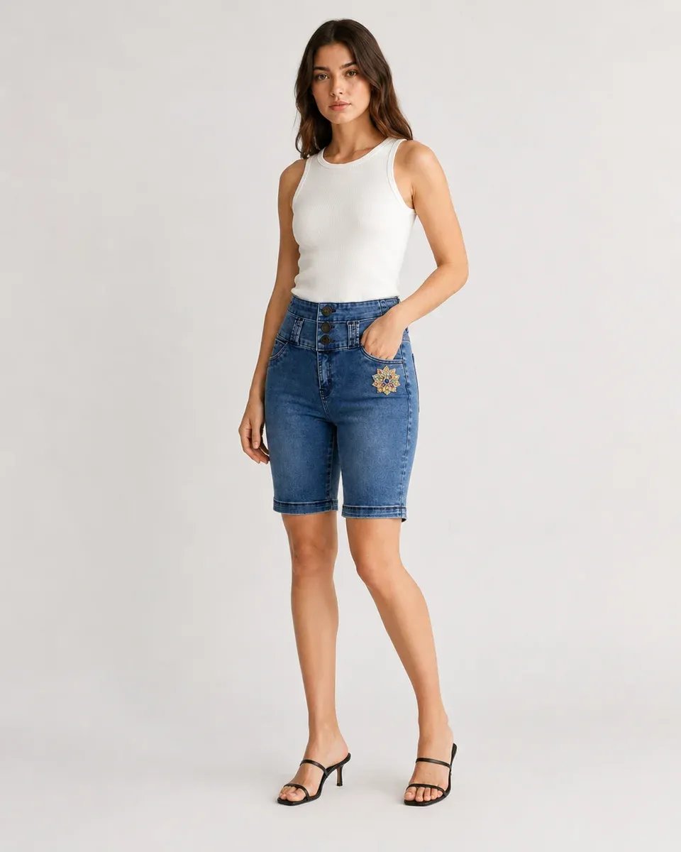Bermuda de Mezclilla Tiro Alto con Bordado Floral para Mujer - Image 3
