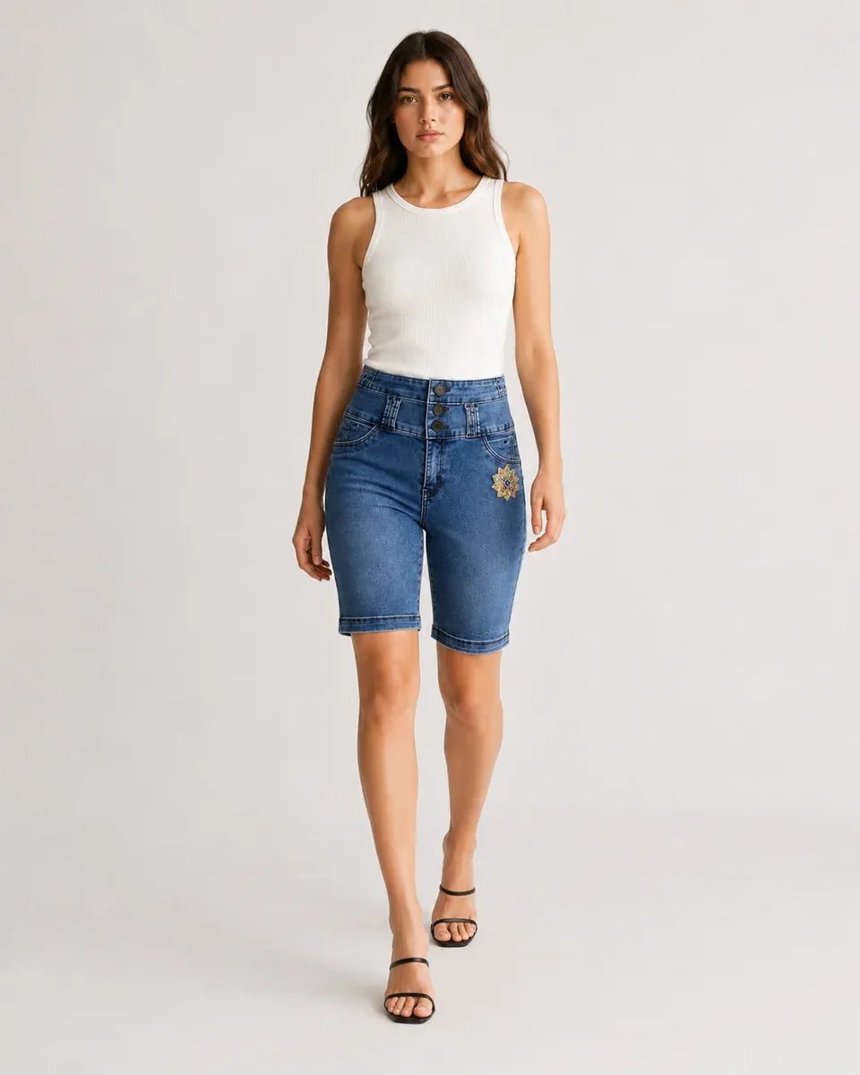 Bermuda de Mezclilla Tiro Alto con Bordado Floral para Mujer - Image 6