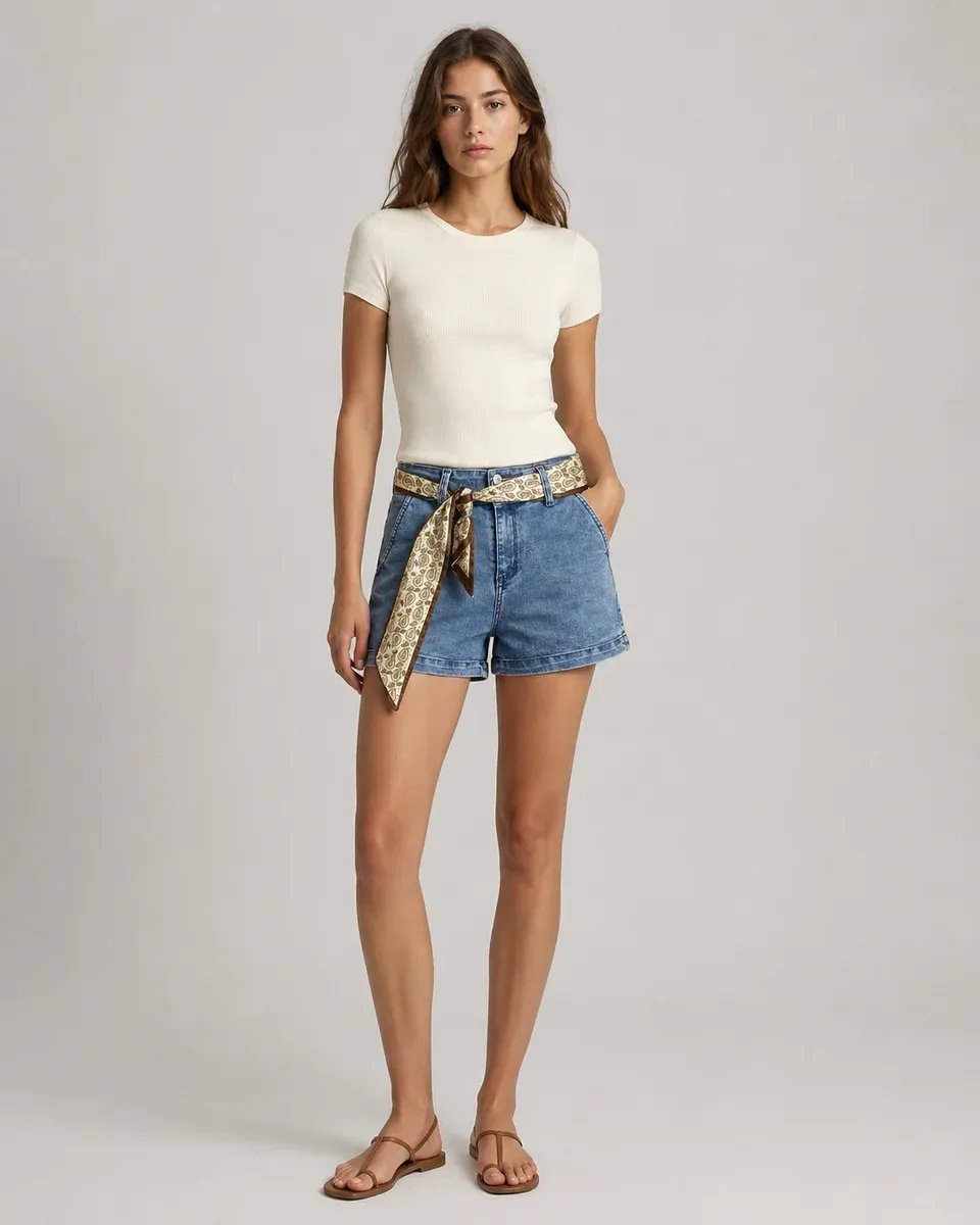 Short Denim Tiro Alto Con Cinturon Estampado Para Mujer - Image 12