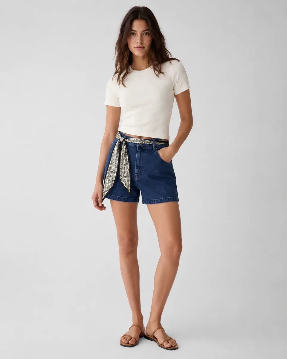 Short Denim Tiro Alto Con Cinturon Estampado Para Mujer - Image 5