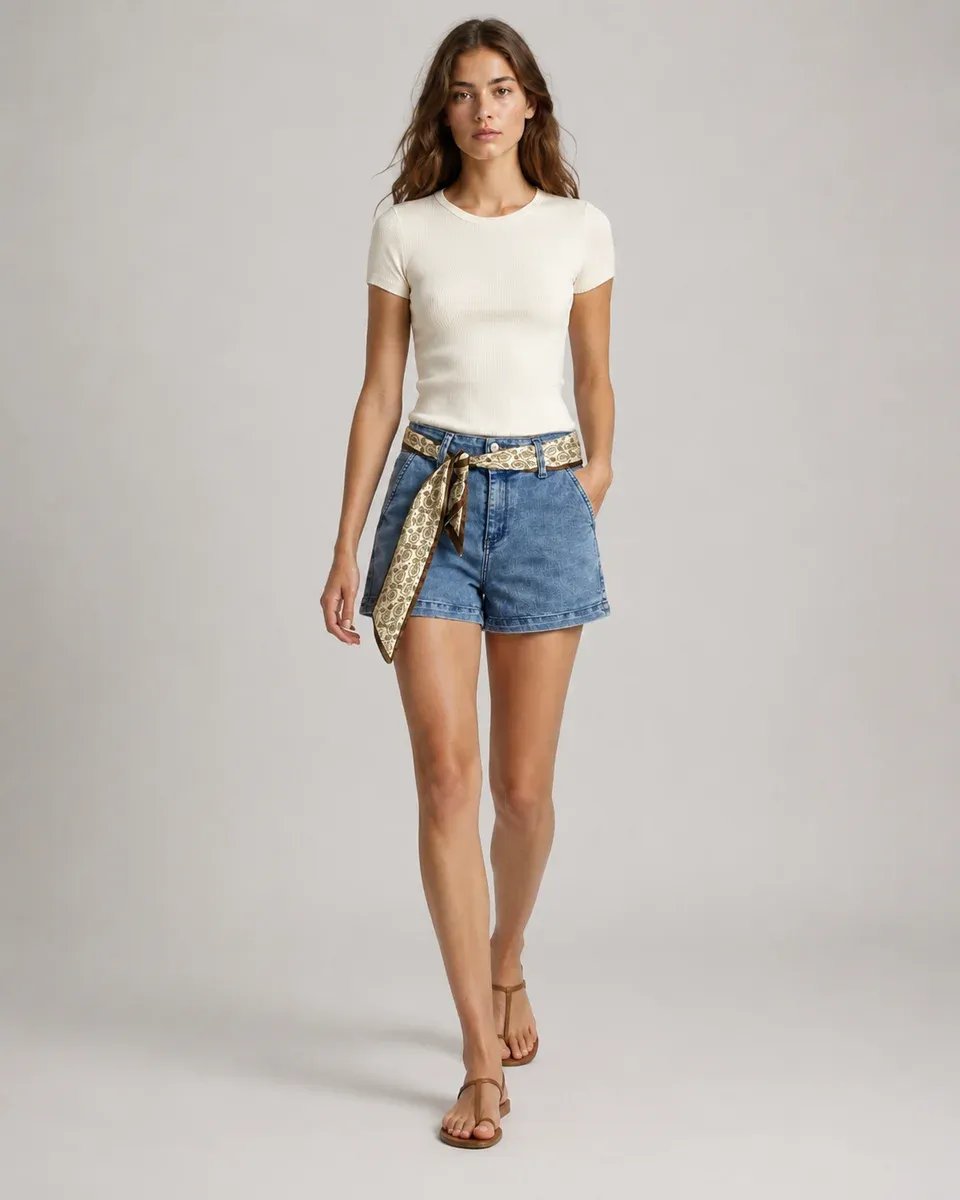 Short Denim Tiro Alto Con Cinturon Estampado Para Mujer - Image 9