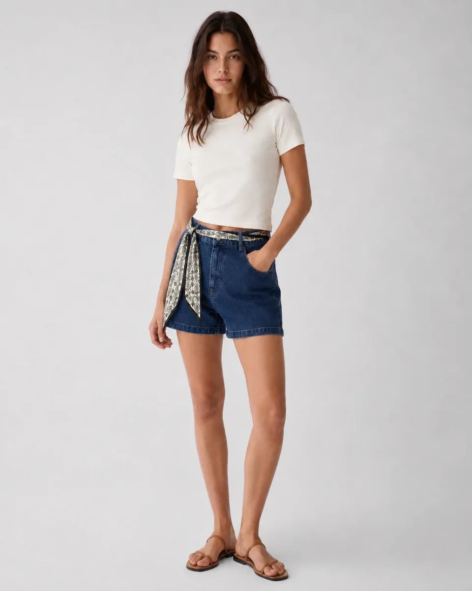 Short Denim Tiro Alto Con Cinturon Estampado Para Mujer - Image 4