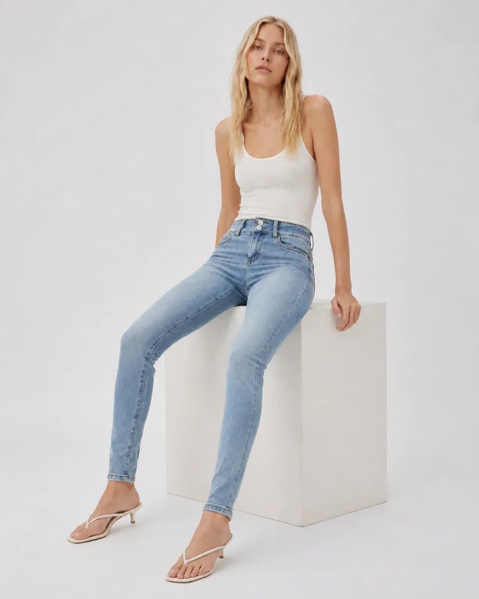 Jeans Skinny Tiro Alto Azul Claro Desteñido Para Mujer - Image 2