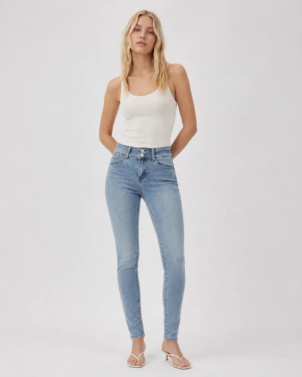 Jeans Skinny Tiro Alto Azul Claro Desteñido Para Mujer - Image 3