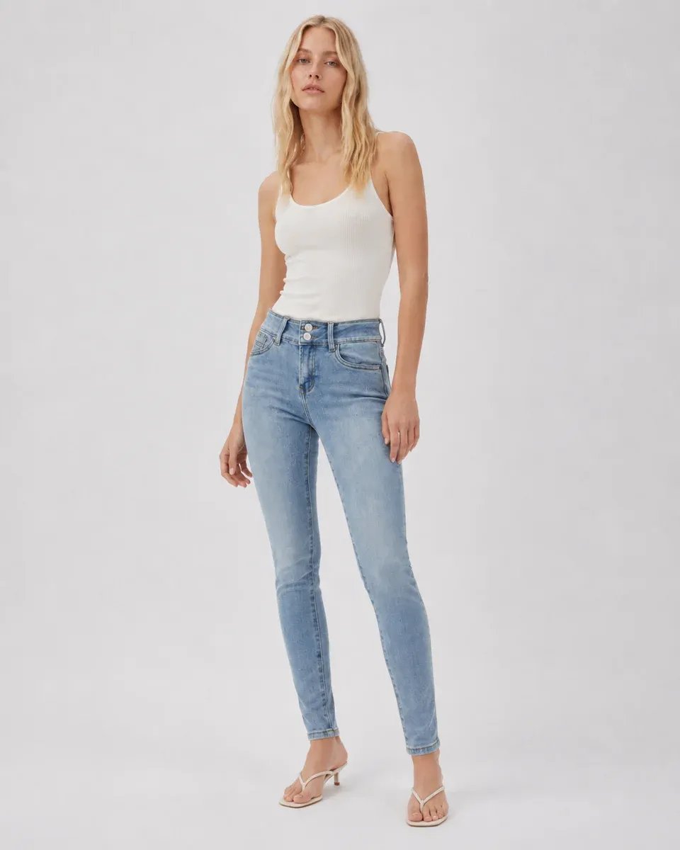 Jeans Skinny Tiro Alto Azul Claro Desteñido Para Mujer - Image 4